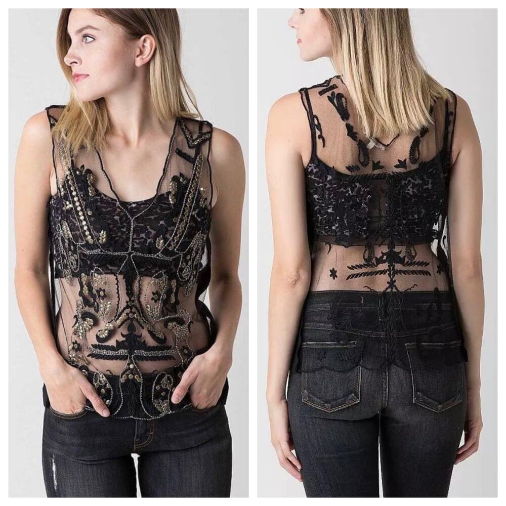 Bke Buckle Gimmicks Embellished Sheer Sleeveless Tank Top Sz S Beaded Black Mesh